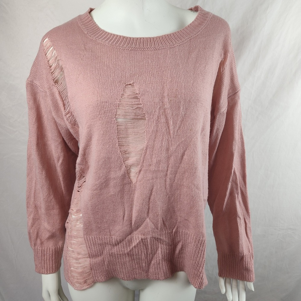 Sweater L distressed Pretty in Pink pullover romantic whimsy gypsy artsy acrylic
